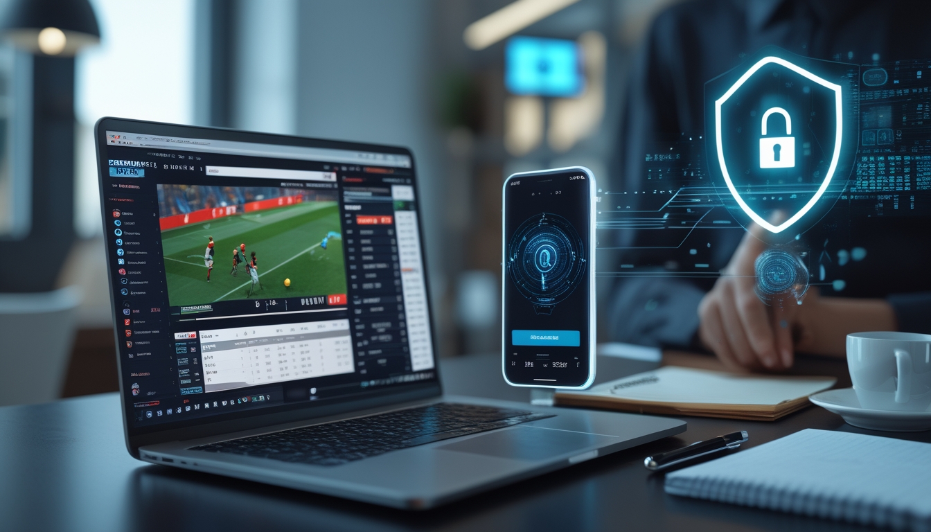 Seorang pengguna bekerja dengan laptop dan ponsel menampilkan pertandingan sepak bola dan fitur keamanan dalam lingkungan kerja yang rapi.
