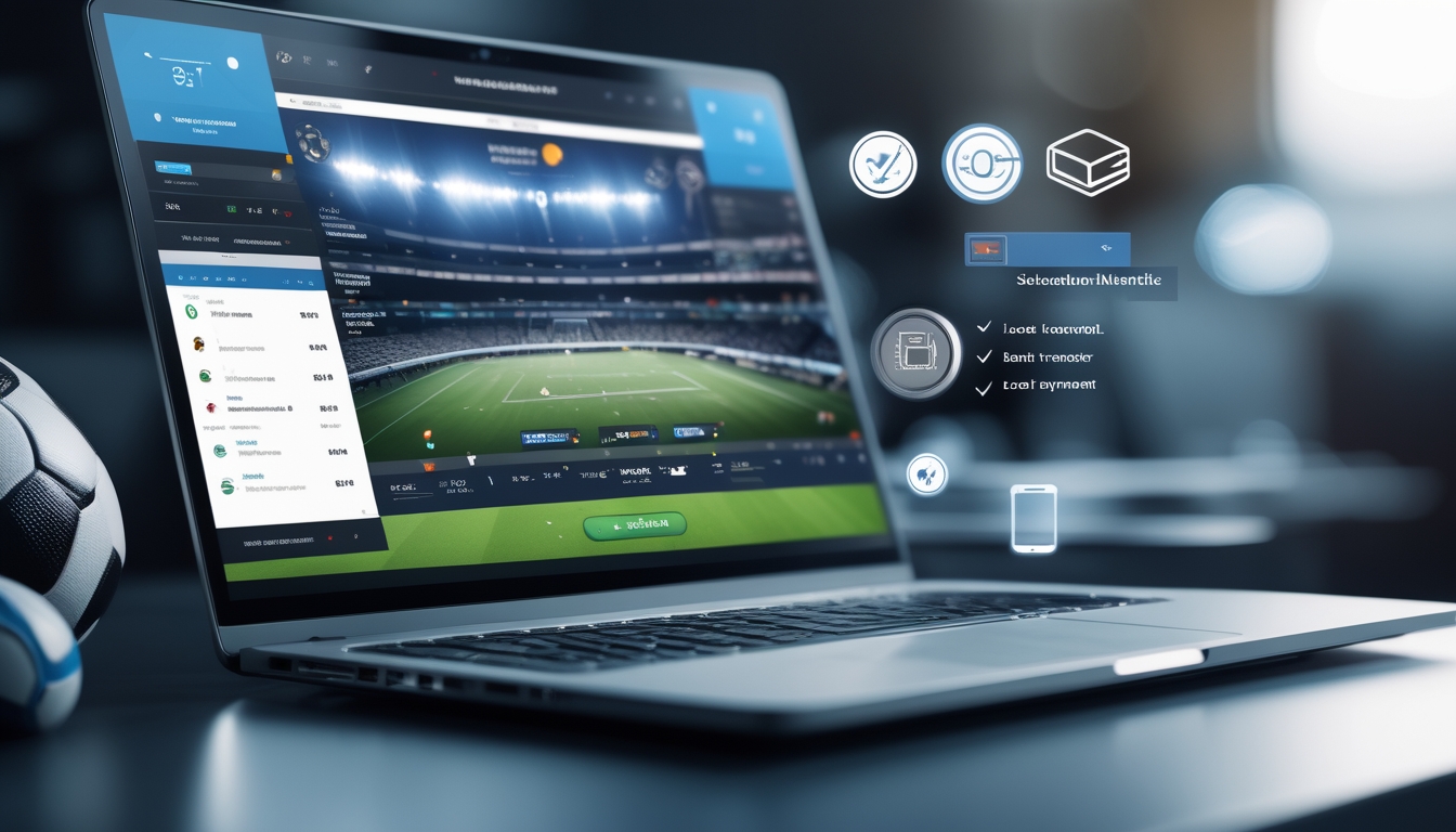 Seorang pengguna melihat layar laptop dan ponsel yang menampilkan platform taruhan bola online dengan informasi pertandingan dan metode pembayaran lokal.