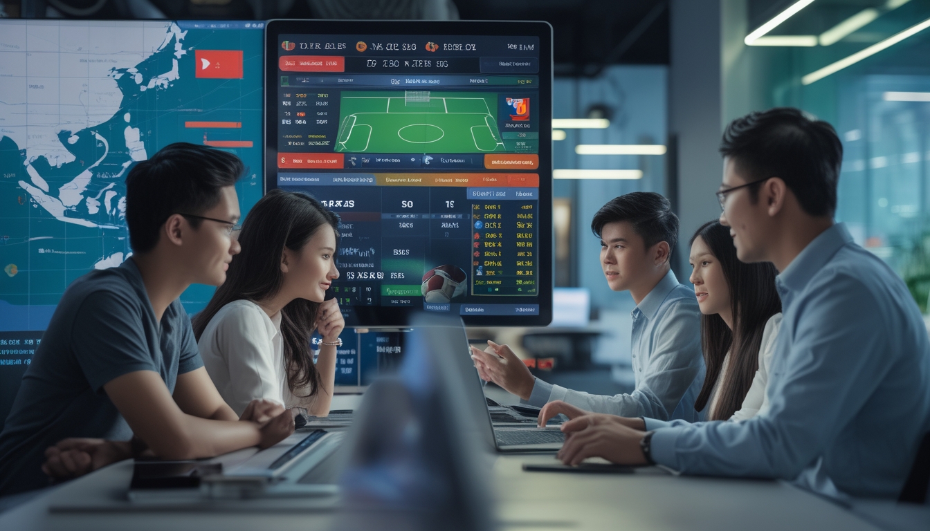 Sekelompok orang muda menggunakan perangkat digital untuk melihat statistik dan skor pertandingan sepak bola di sebuah ruangan modern.