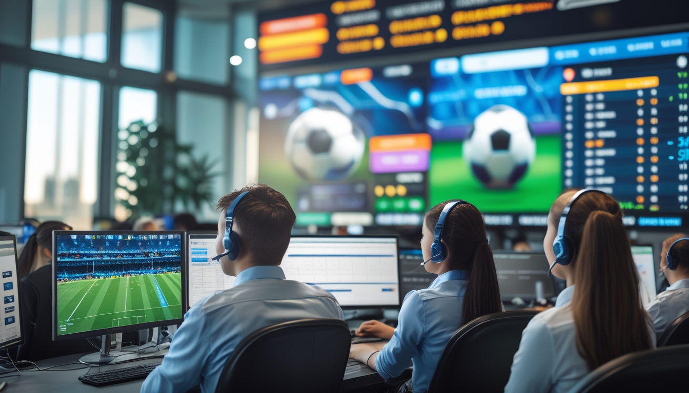 Tim layanan pelanggan sedang bekerja di kantor modern dengan layar komputer yang menampilkan pertandingan sepak bola dan data taruhan.