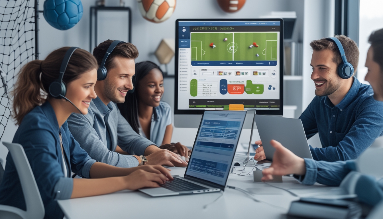 Orang-orang menggunakan perangkat digital untuk bertaruh bola online dengan perwakilan layanan pelanggan yang sedang membantu melalui obrolan langsung.