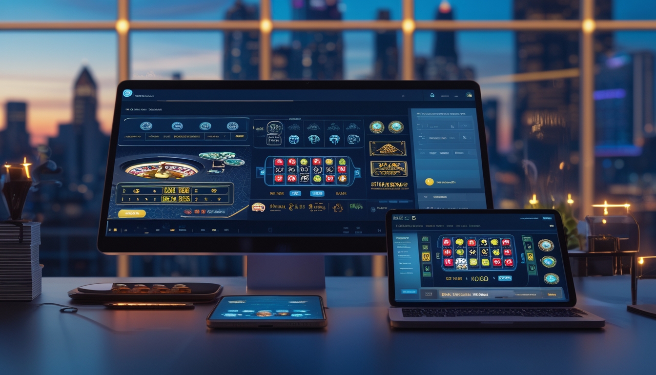 Tampilan perangkat digital menampilkan permainan kasino online dengan latar belakang kota futuristik saat senja.