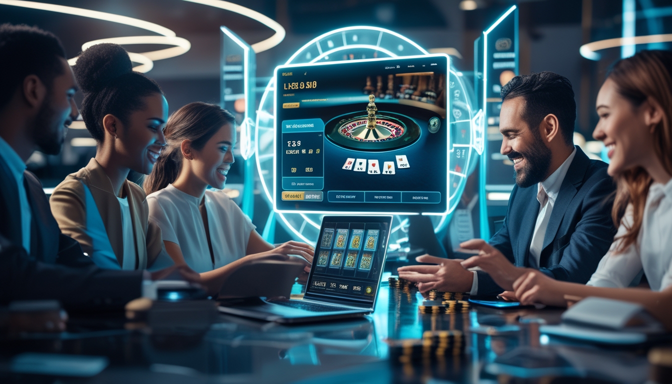Orang-orang sedang bermain kasino online dengan dealer langsung dan perangkat digital di ruang modern.