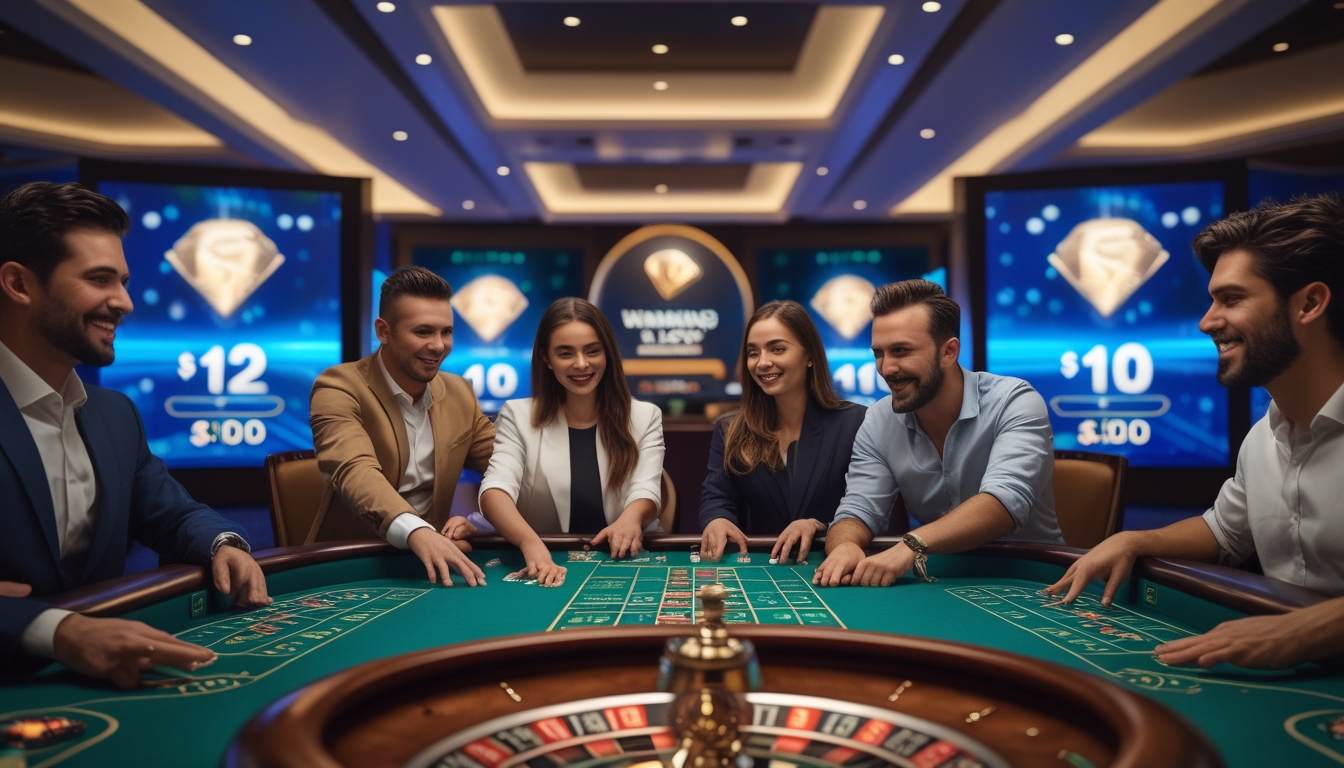 Suasana kasino live dengan meja permainan dan pemain yang fokus bermain, menampilkan suasana yang menyenangkan dan penuh semangat.