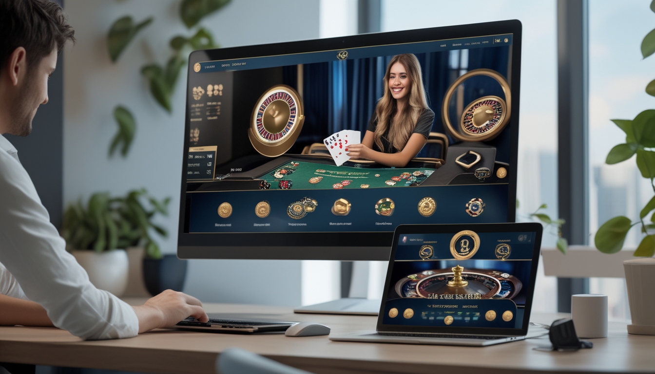 Seorang pemain menggunakan laptop untuk mengakses live casino online dengan dealer langsung yang sedang membagikan kartu di layar komputer.