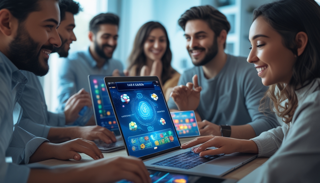 Beberapa orang bermain permainan kasino online di perangkat digital dengan ekspresi antusias di lingkungan rumah yang nyaman.