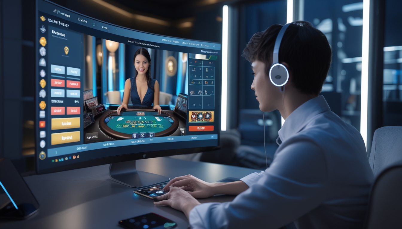 Seorang dewasa muda sedang bermain permainan kasino live online di depan komputer dengan dealer kasino yang muncul di layar.