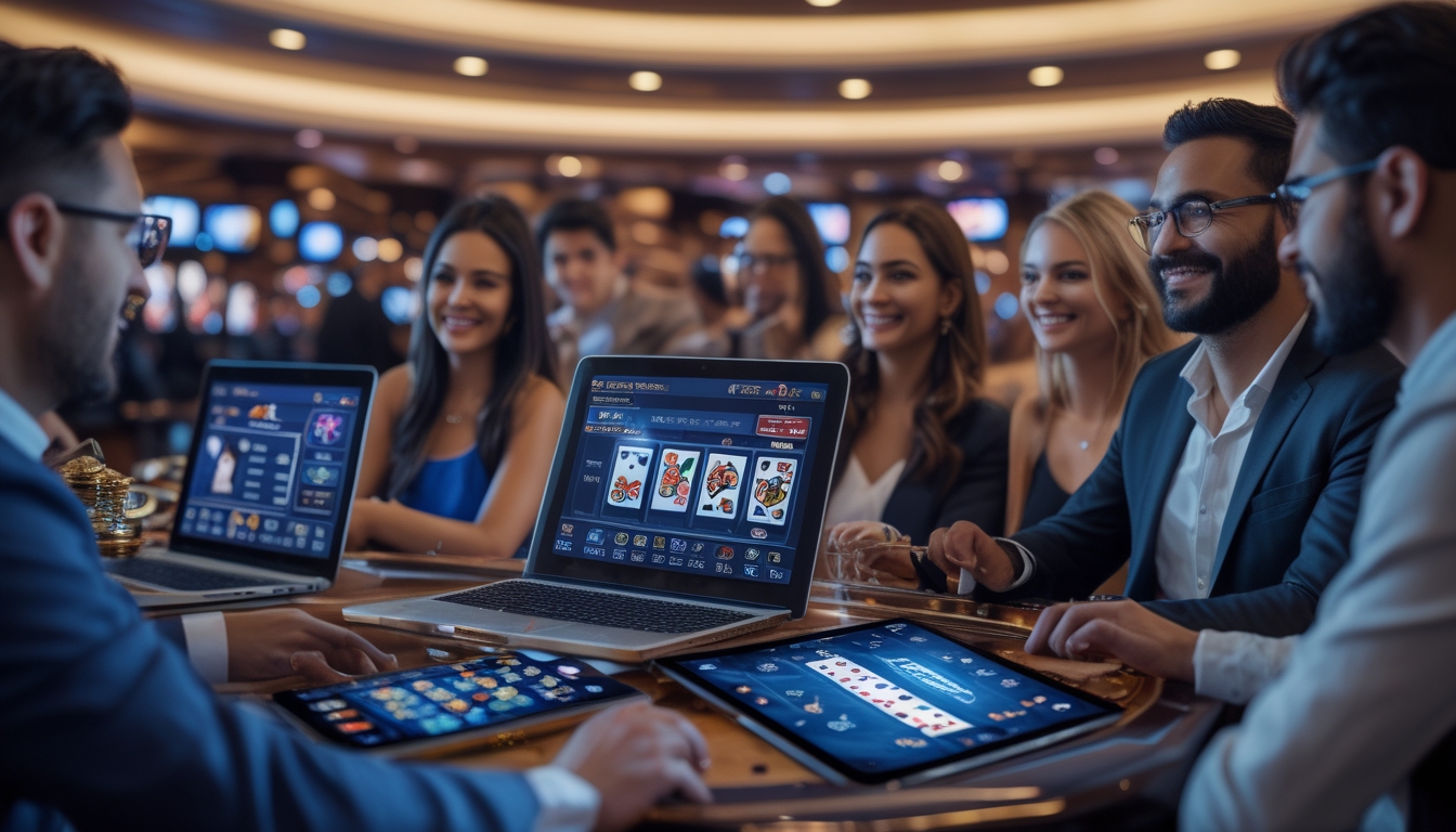 Beberapa orang bermain live casino online menggunakan perangkat digital di sebuah ruangan kasino modern dengan dealer langsung dan suasana yang hidup.