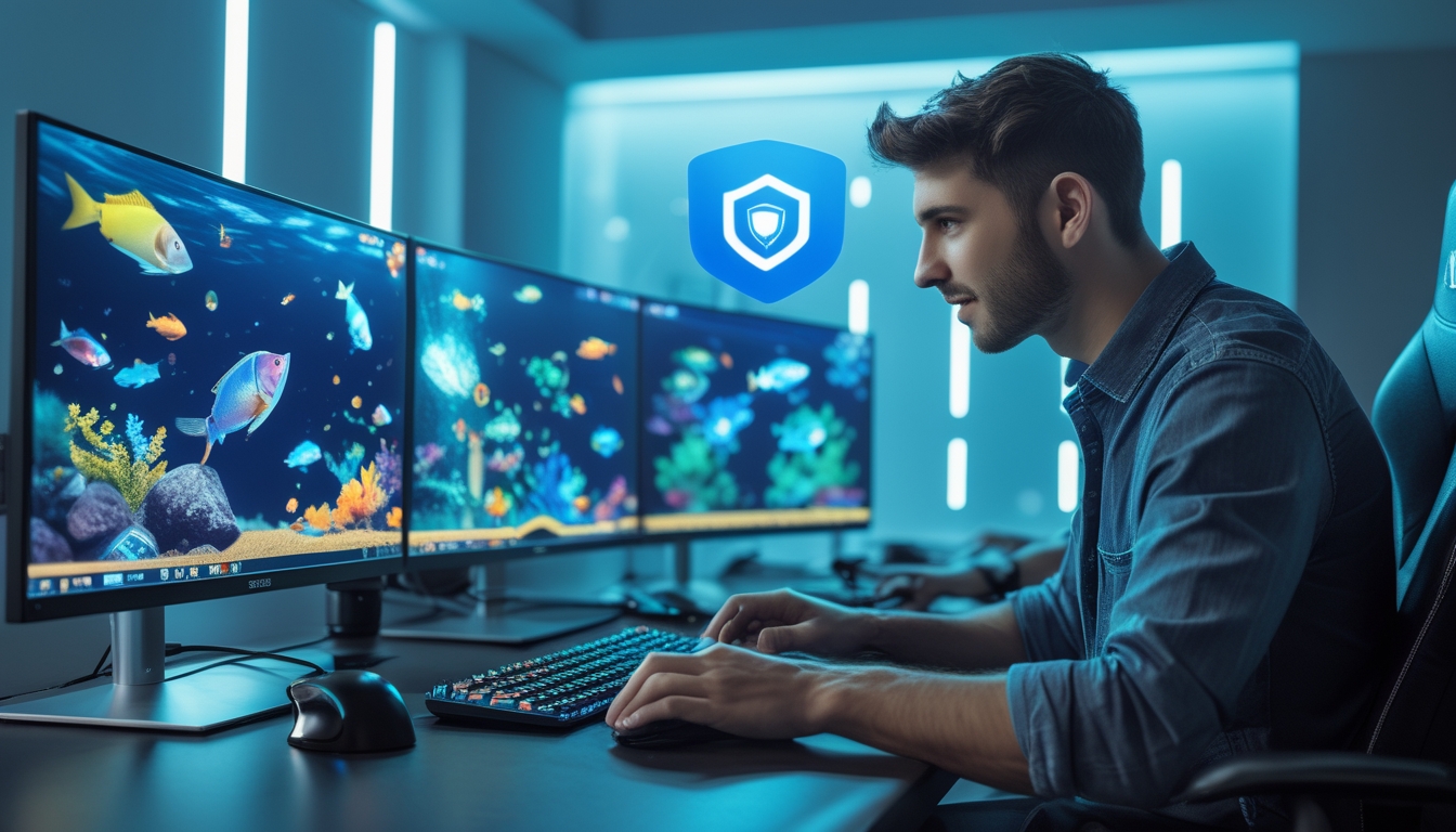 Seorang pria muda sedang bermain game tembak ikan di komputer dengan latar ruangan gaming yang modern dan pencahayaan biru.