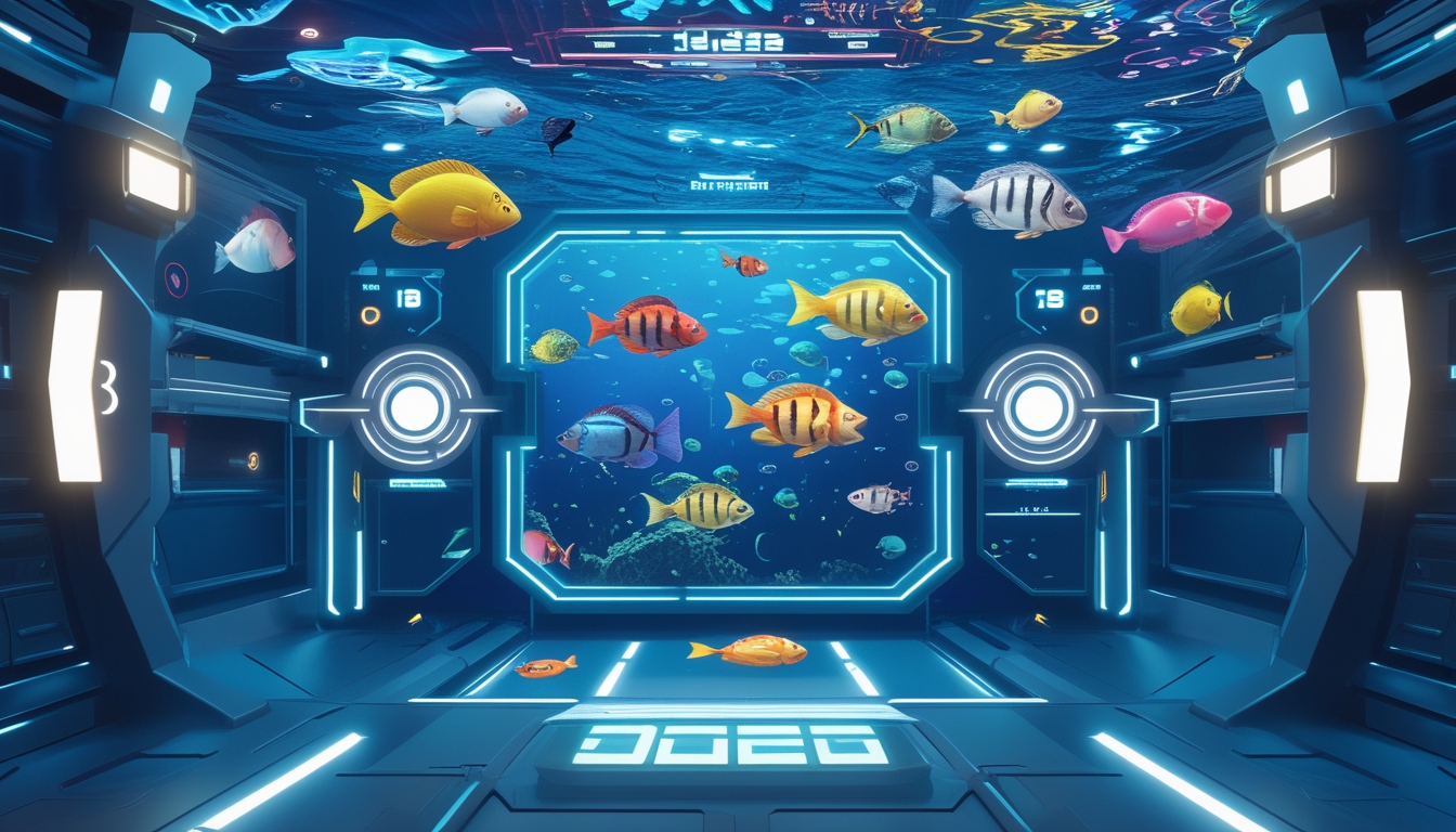 Layar permainan menampilkan berbagai ikan berwarna-warni di bawah laut dengan elemen antarmuka permainan digital.