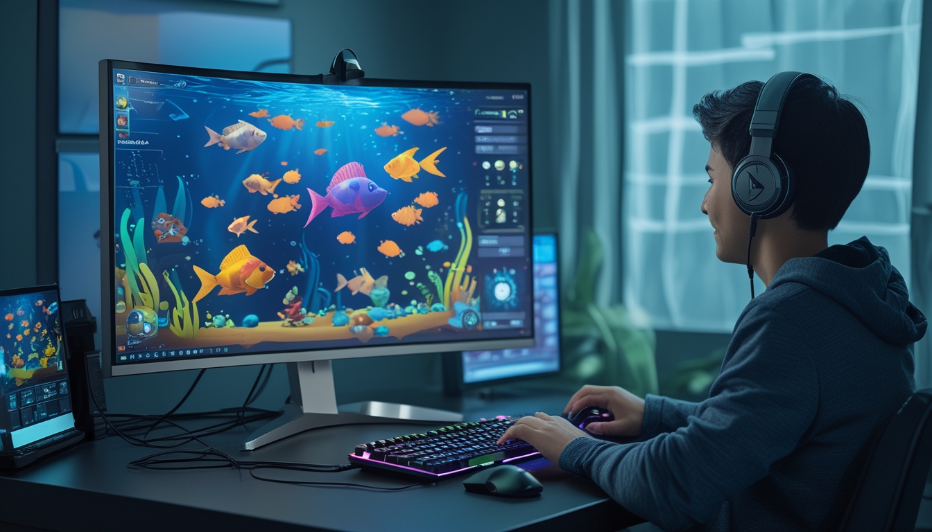 Seorang gamer muda sedang bermain game tembak ikan di komputer dengan layar penuh warna di ruangan yang terang.