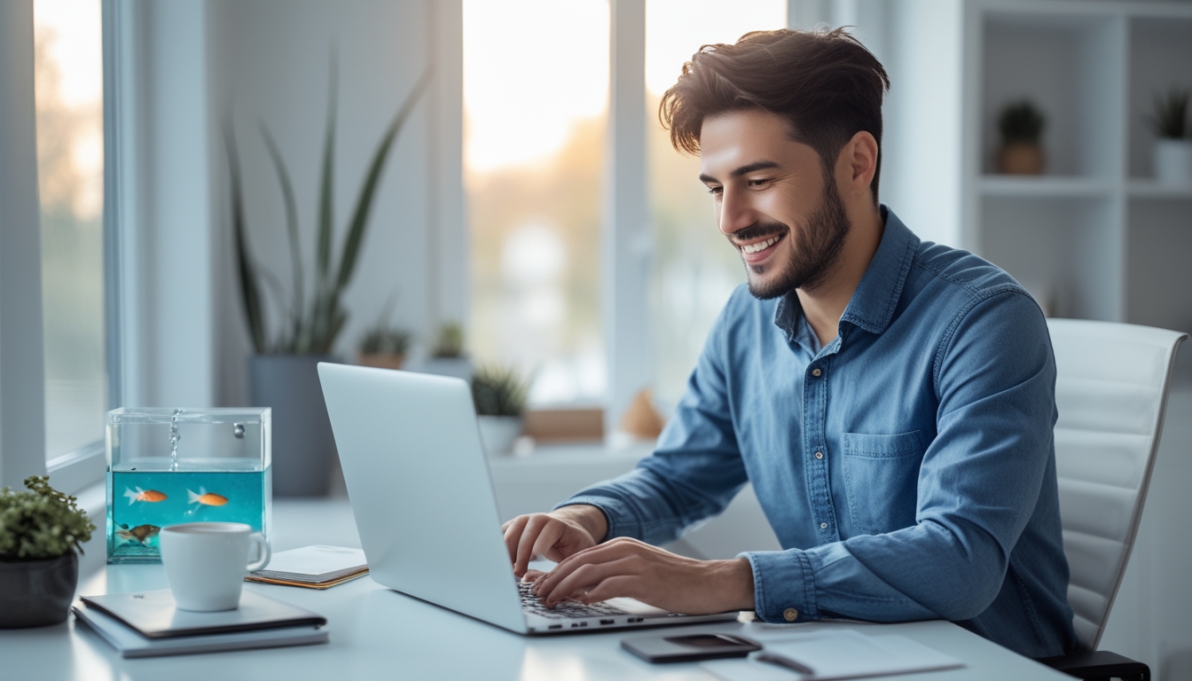 Seorang pria muda duduk di meja kerja dengan laptop, terlihat fokus dan tersenyum, di ruangan yang terang dengan dekorasi bertema ikan di latar belakang.