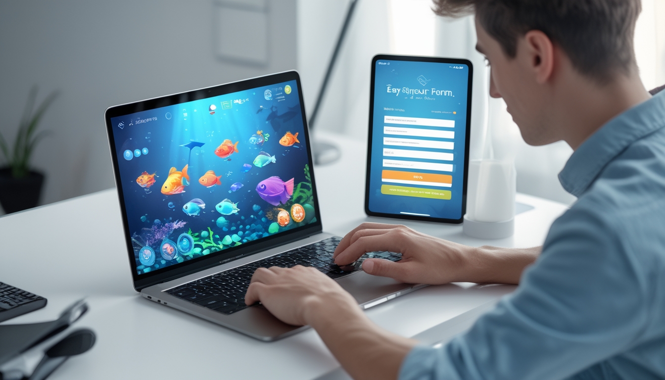 Seseorang menggunakan laptop dan ponsel untuk mendaftar akun judi online dengan tampilan permainan ikan di layar.