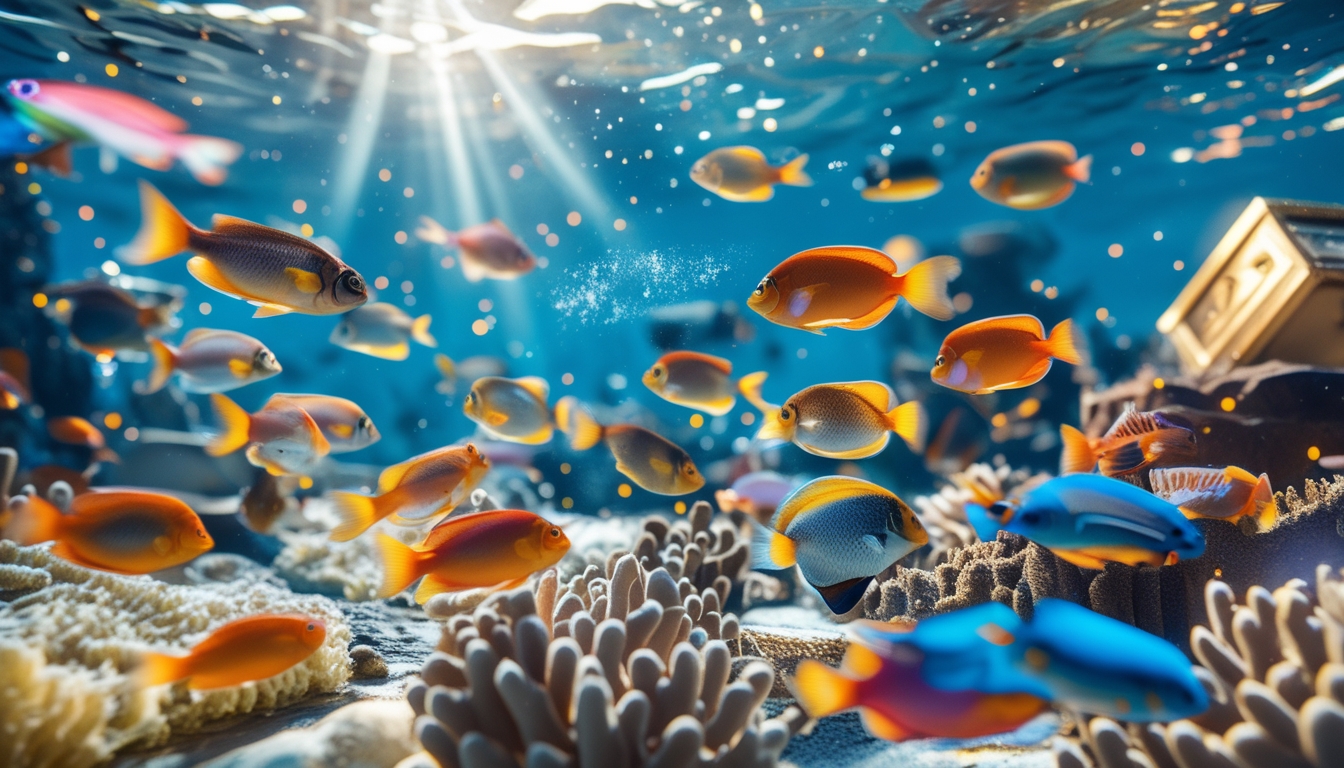 Pemandangan bawah laut dengan ikan-ikan warna-warni berenang di sekitar terumbu karang dan peti harta karun yang bersinar di latar belakang.