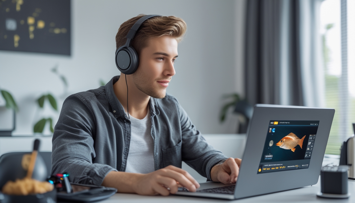 Seorang pria muda duduk di meja modern bermain game tembak ikan di laptop dengan ekspresi fokus.