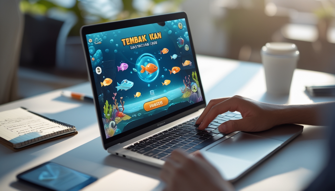 Seseorang menggunakan laptop dengan tampilan permainan tembak ikan berwarna-warni di layar, di meja terdapat ponsel, buku catatan, dan cangkir kopi.