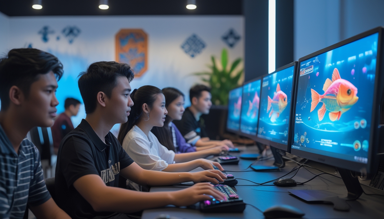 Beberapa orang muda bermain game tembak ikan di ruang kerja modern dengan monitor komputer yang menampilkan grafis ikan warna-warni.