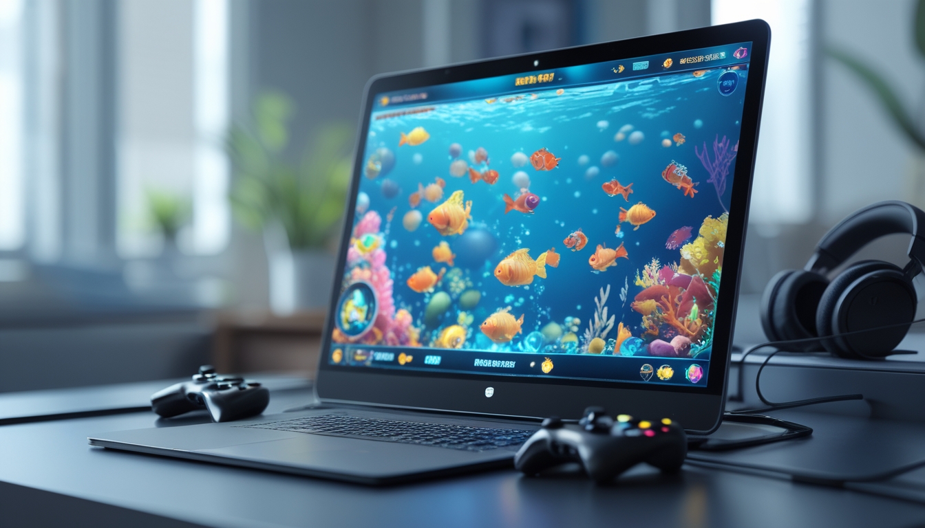 Sebuah layar komputer menampilkan permainan tembak ikan dengan berbagai ikan berwarna-warni di dalam air, dikelilingi oleh aksesori game di atas meja yang rapi.