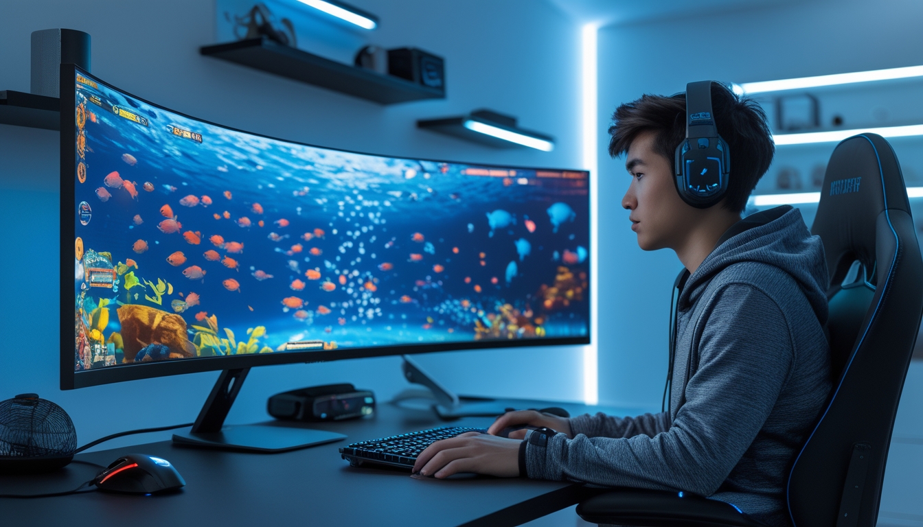 Seorang pemain muda sedang bermain game tembak ikan di komputer dengan layar besar menampilkan grafis bawah laut berwarna-warni.