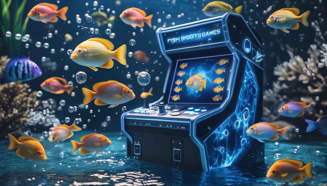 Pemandangan bawah laut dengan ikan berwarna-warni mengelilingi mesin permainan digital bertema tembak ikan yang menyala dengan lampu neon.