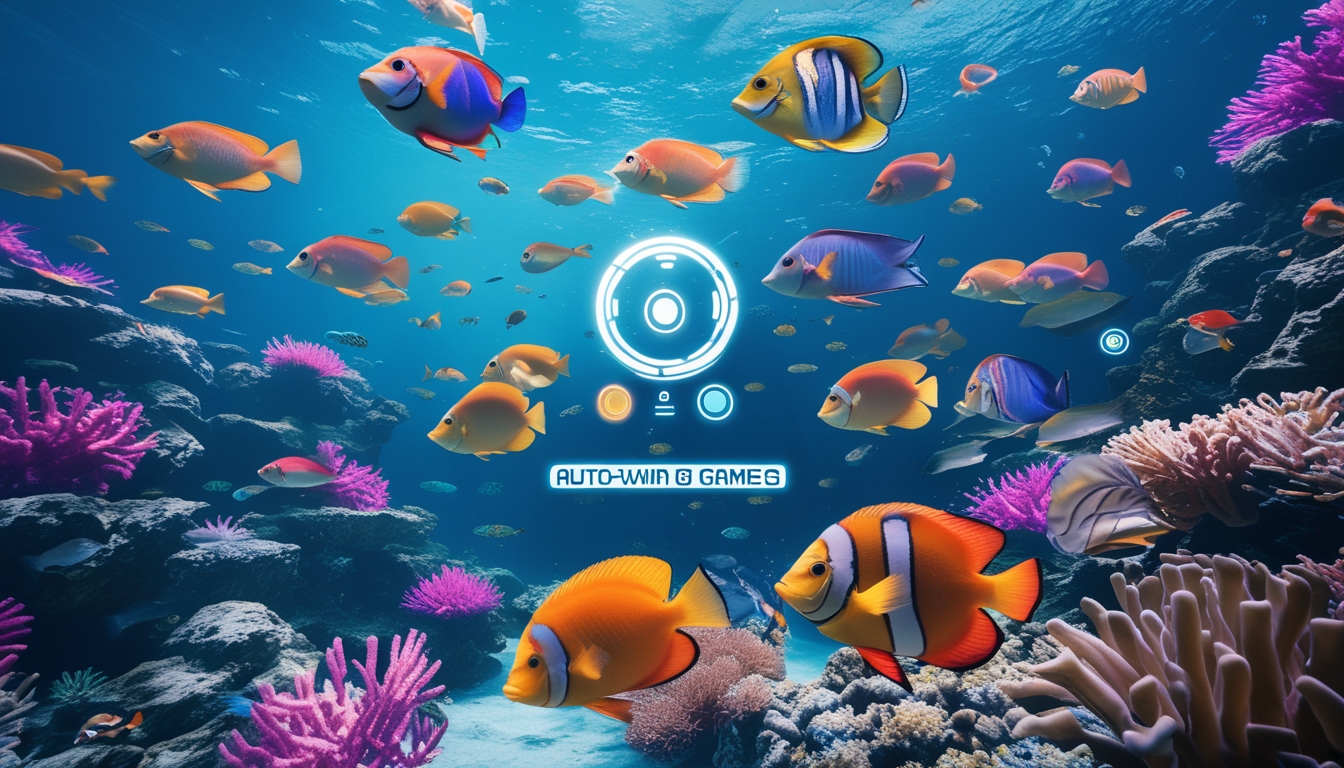 Pemandangan bawah laut dengan terumbu karang berwarna-warni dan ikan tropis yang berenang, serta elemen antarmuka permainan modern yang menunjukkan fitur otomatis menang.