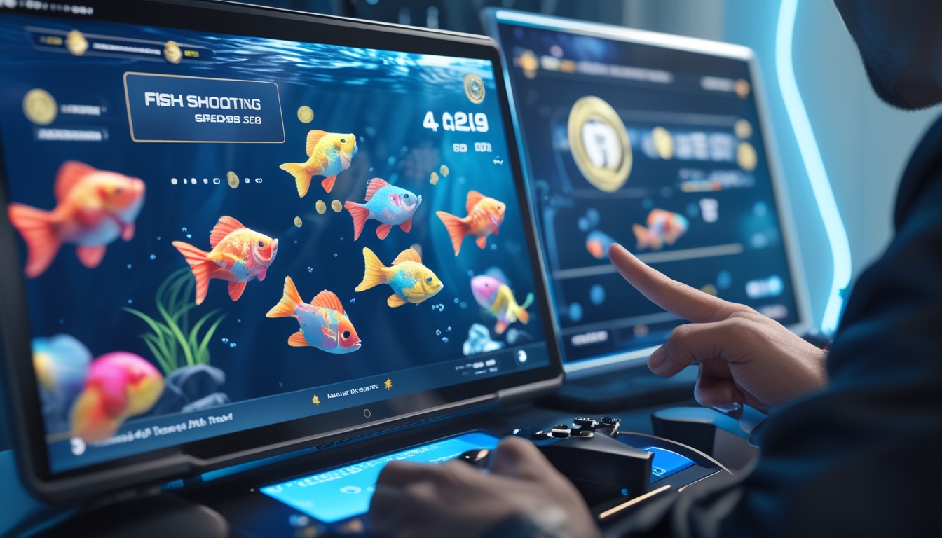 Seseorang bermain game tembak ikan di perangkat layar sentuh dengan latar belakang visual ikan berwarna-warni dan antarmuka game modern.