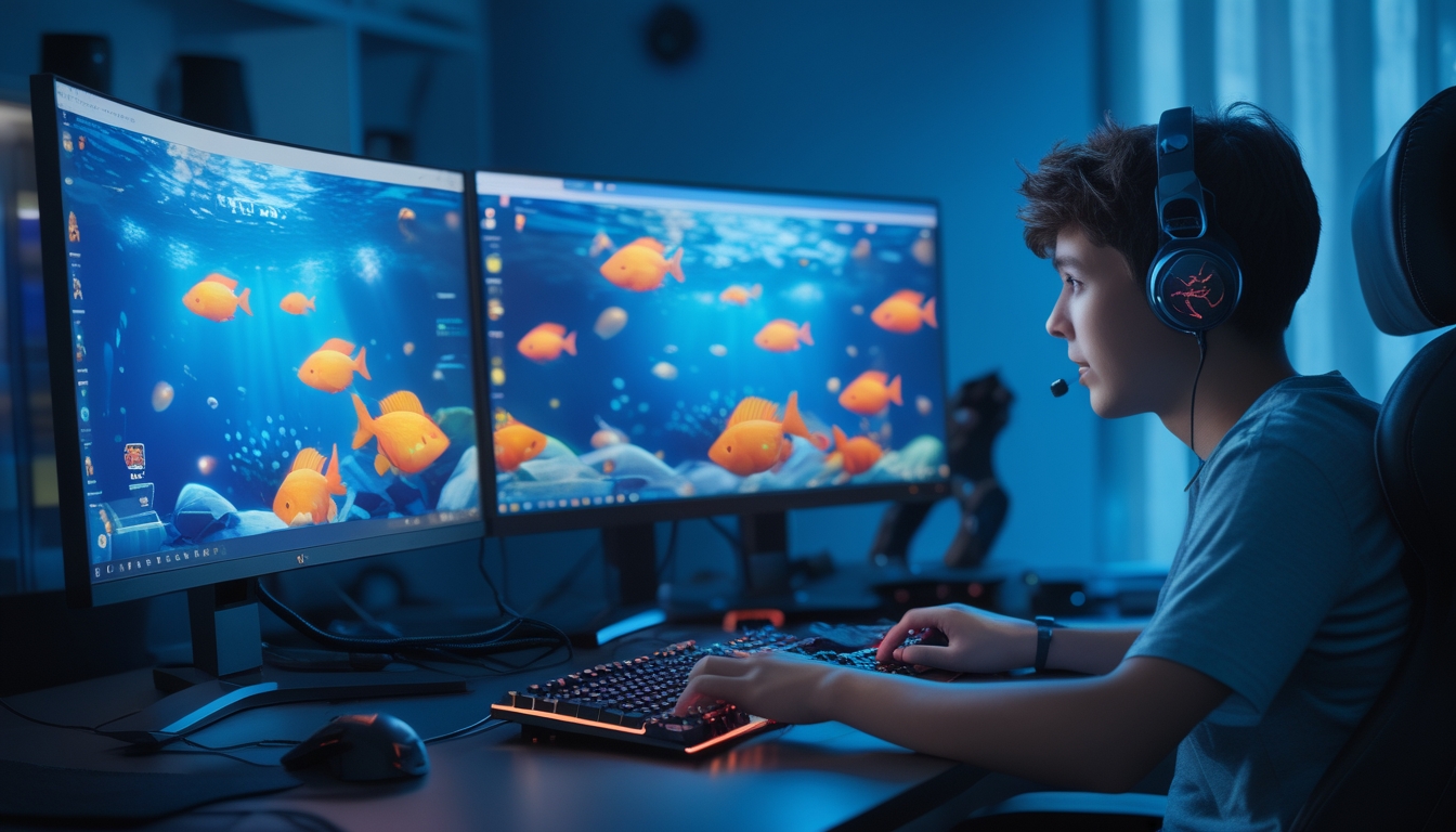 Seorang muda sedang bermain game tembak ikan online di depan komputer dengan beberapa layar menampilkan grafik bawah laut.
