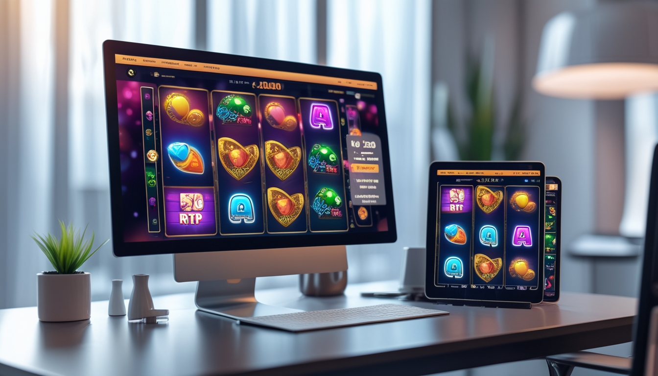 Meja kerja modern dengan komputer dan ponsel menampilkan permainan slot online yang berwarna-warni dan menarik.