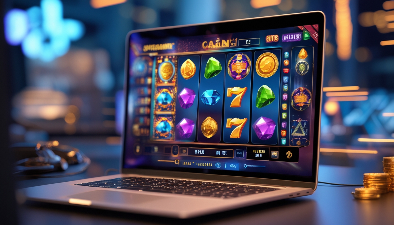 Layar komputer menampilkan permainan slot online dengan simbol warna-warni, menunjukkan suasana permainan kasino daring yang menarik.