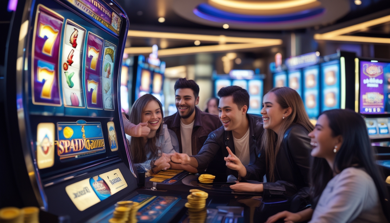 Sekelompok orang muda bermain mesin slot digital di lingkungan kasino modern yang cerah dan ramai.