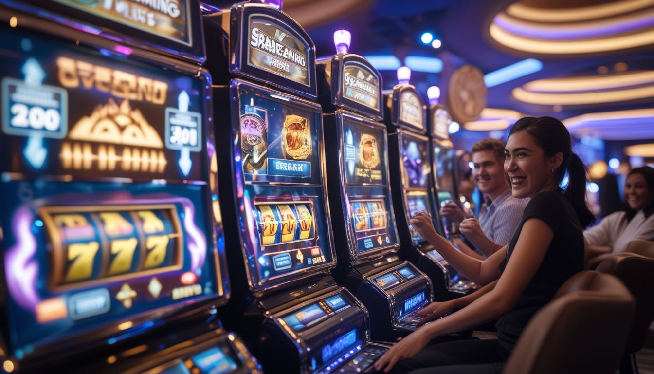 Suasana kasino modern dengan mesin slot yang menyala dan pemain yang terlihat antusias bermain.