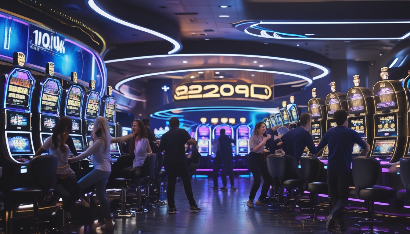 Suasana kasino modern dengan mesin slot Spadegaming dan pemain yang antusias bermain di tahun 2026.
