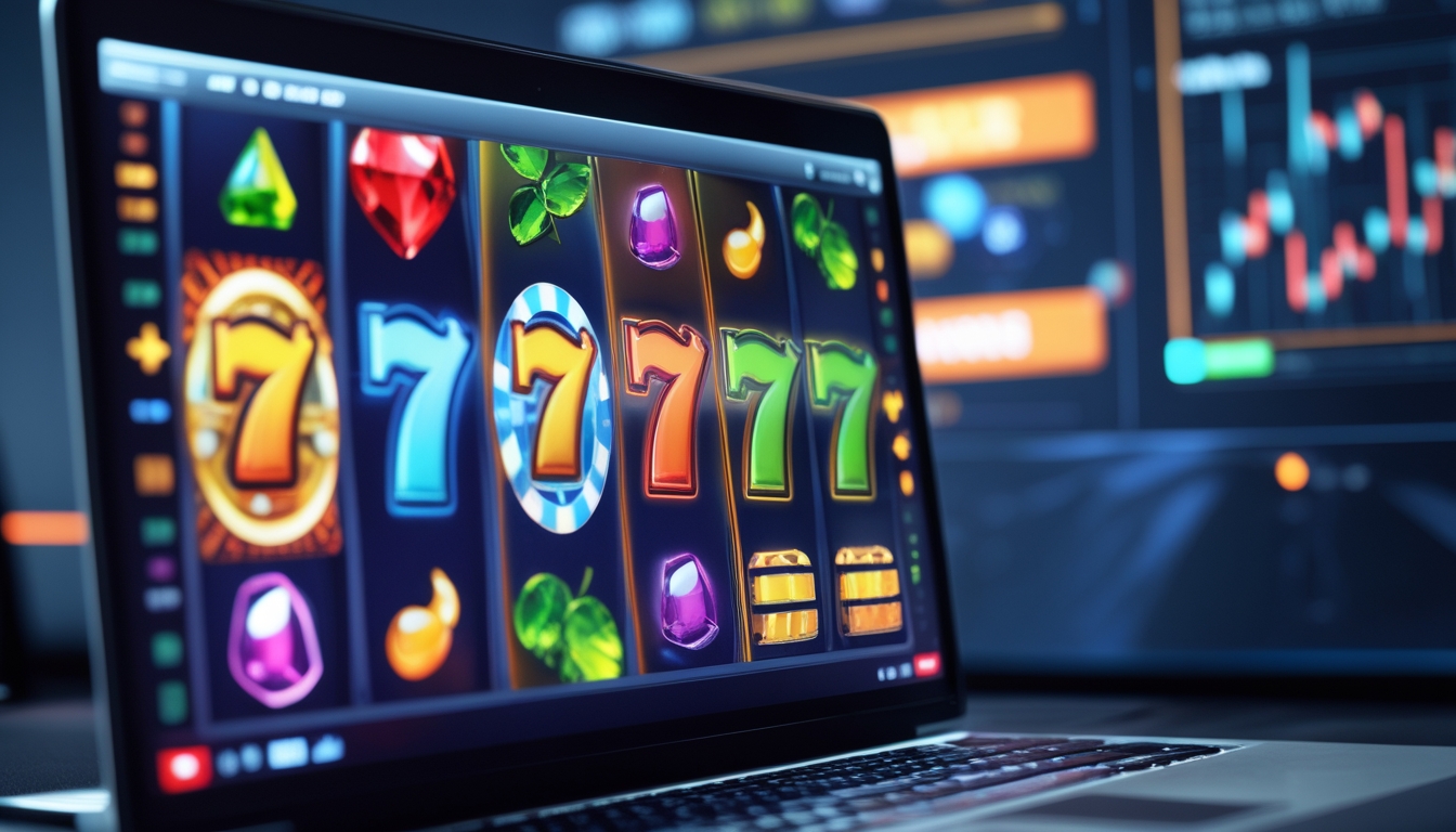 Layar komputer menampilkan permainan slot online dengan simbol berwarna-warni dan latar belakang teknologi modern.