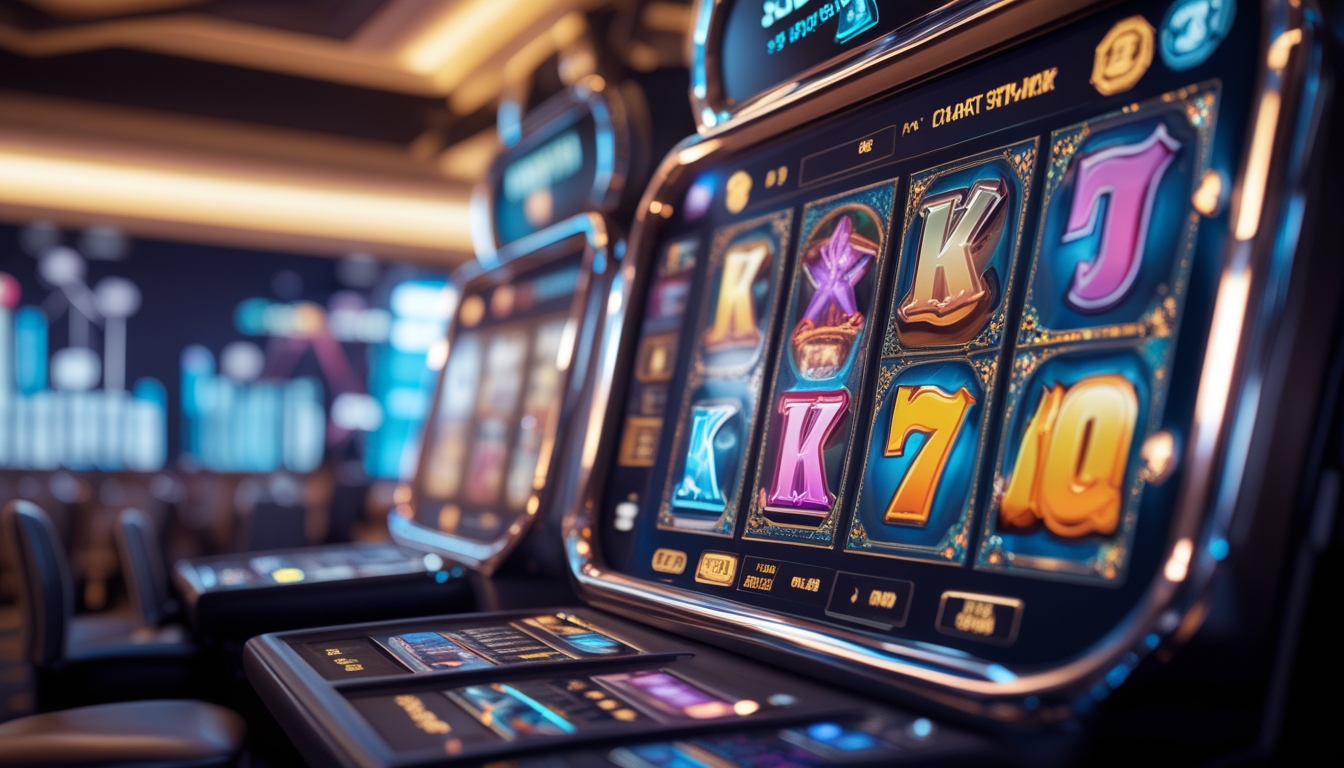 Close-up mesin slot digital Spadegaming dengan gulungan berwarna-warni yang sedang berputar di dalam suasana kasino modern.