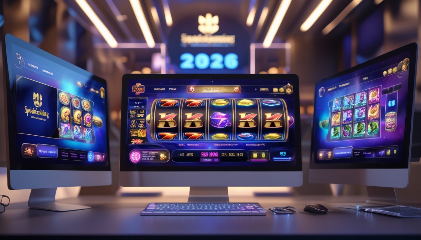 Seorang profesional menggunakan komputer dengan tampilan permainan slot online berwarna-warni di layar di sebuah ruang kerja modern dan terang.