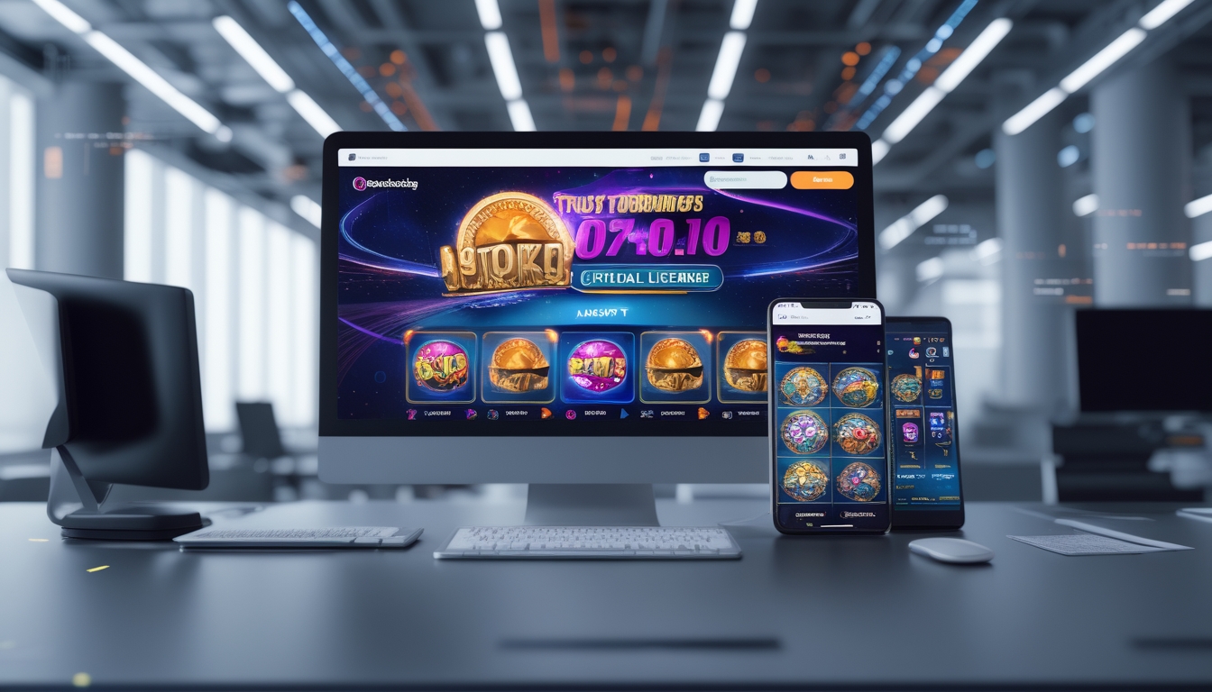 Tampilan beberapa perangkat dengan antarmuka permainan slot online yang cerah dan modern di lingkungan kantor futuristik.