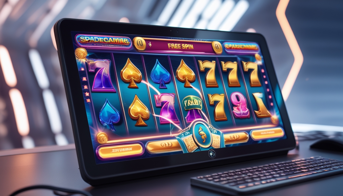 Tampilan layar permainan slot online dengan simbol kartu dan koin, menampilkan fitur putaran gratis yang sedang aktif.