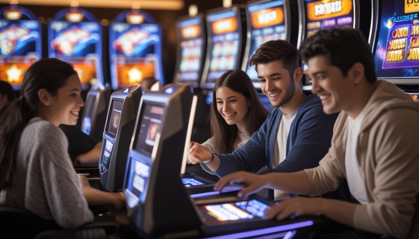 Sejumlah pemain muda sedang bermain mesin slot Spadegaming di kasino dengan ekspresi antusias dan fokus.