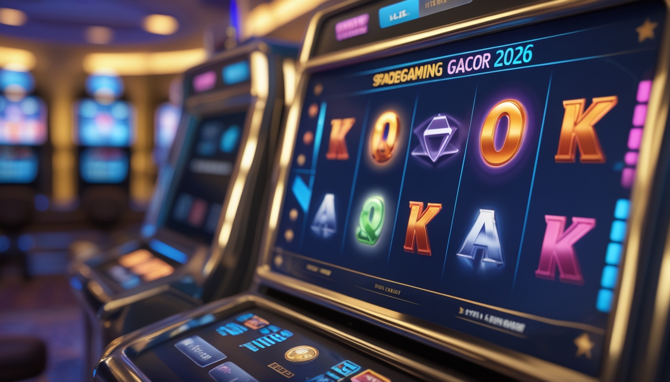 Antarmuka mesin slot modern dengan simbol warna-warni di latar kasino yang tenang dan pencahayaan lembut.