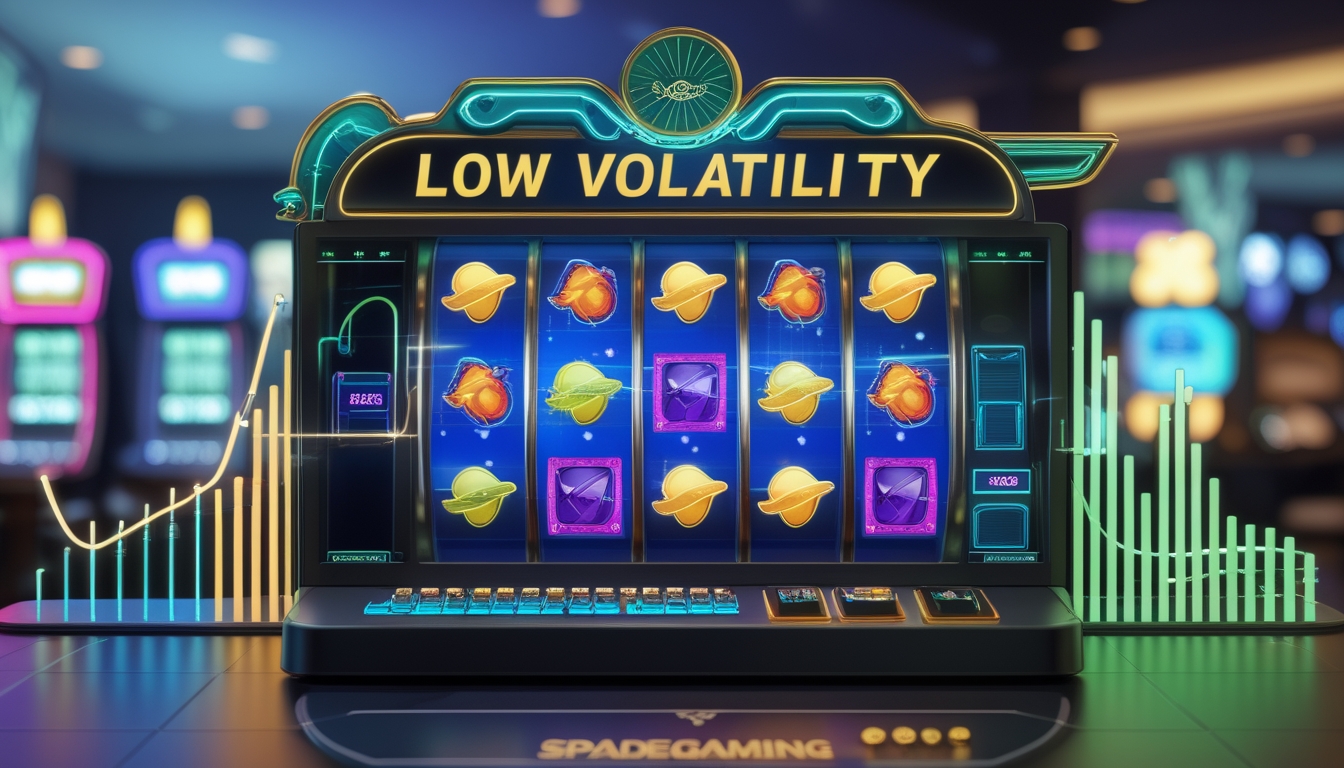 Mesin slot digital modern dengan tampilan warna-warni dan grafik stabil yang menunjukkan konsep volatilitas rendah dan performa konsisten.