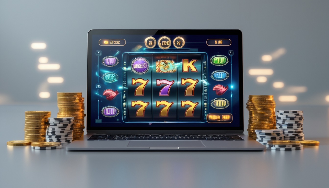 Sebuah setup game modern dengan layar komputer menampilkan permainan slot berwarna-warni dan tumpukan chip poker serta koin emas di sekitarnya.