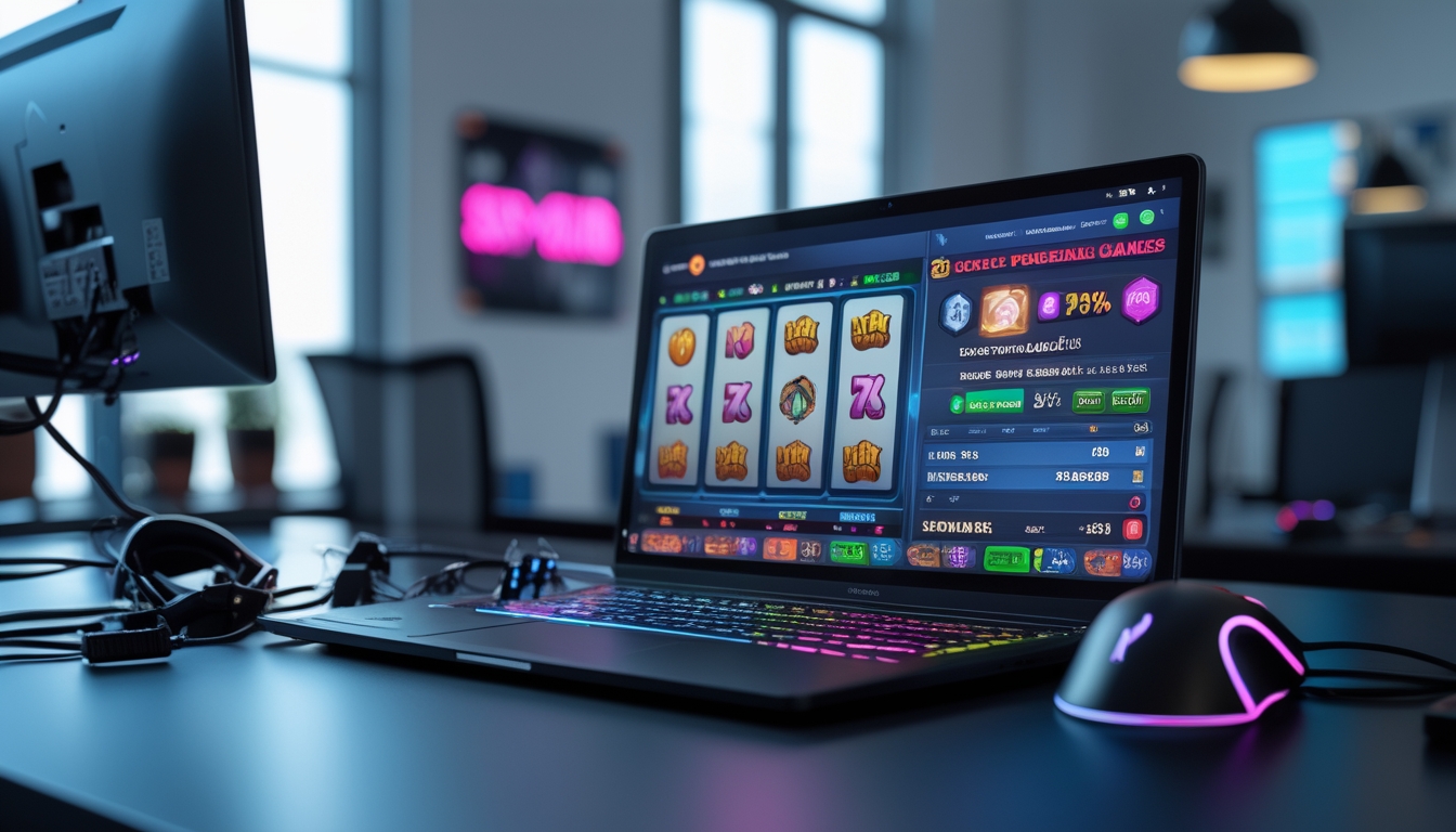 Seorang profesional sedang bekerja dengan laptop yang menampilkan grafik permainan slot dan statistik di ruang kantor yang terang dan rapi.