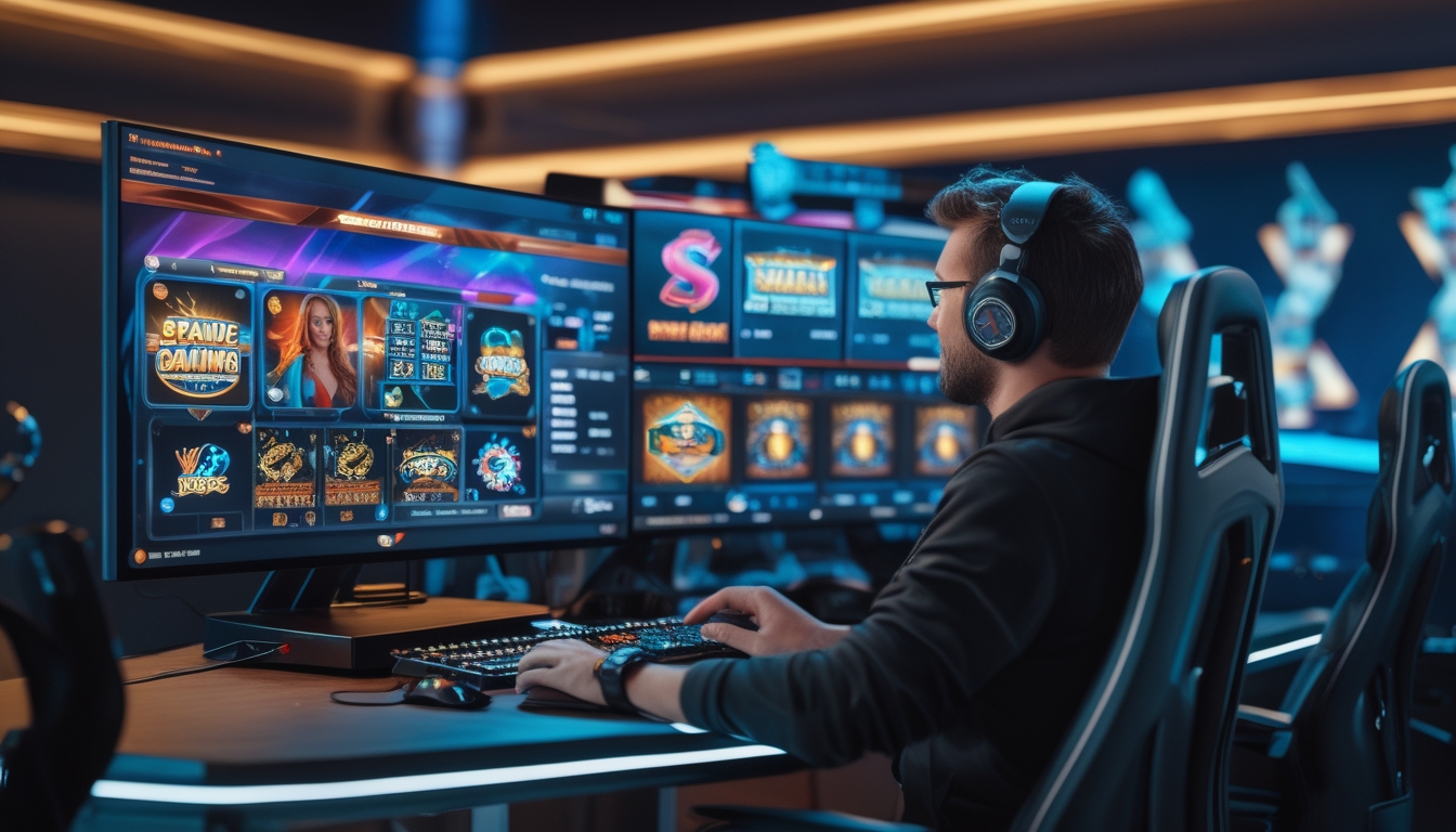 Seseorang sedang bermain game slot online di komputer dengan beberapa layar yang menampilkan permainan slot yang berwarna-warni di meja gaming modern.