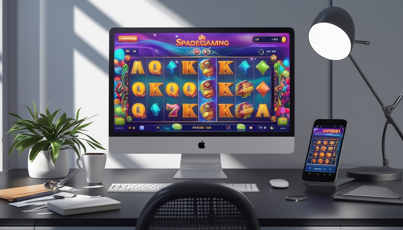 Sebuah ruang kerja modern dengan komputer menampilkan permainan slot online berwarna-warni dan elemen strategi di sekitarnya.