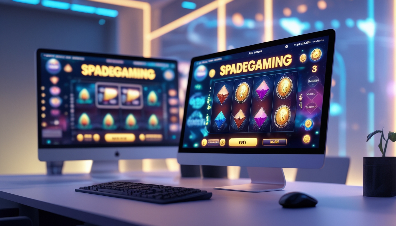 Sebuah setup permainan daring modern dengan komputer dan ponsel menampilkan grafik permainan slot yang berwarna-warni dan suasana futuristik.