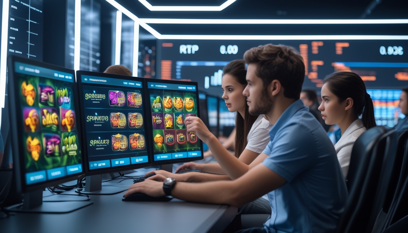Beberapa orang muda sedang bermain dan menganalisis permainan slot online di ruang gaming modern dengan layar komputer yang menampilkan permainan slot berwarna-warni.
