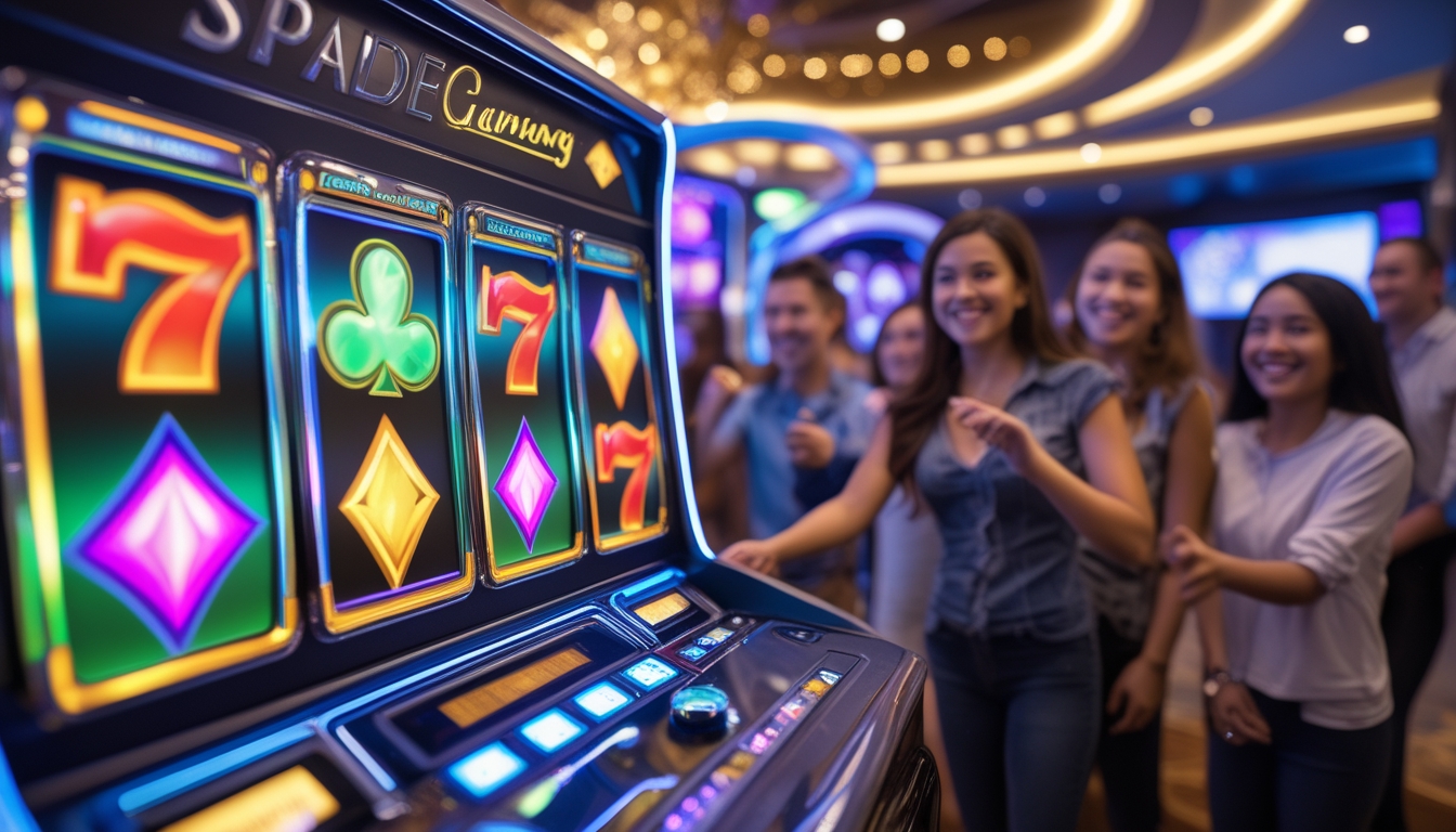 Orang-orang bermain mesin slot modern dengan suasana cerah dan menyenangkan di kasino.