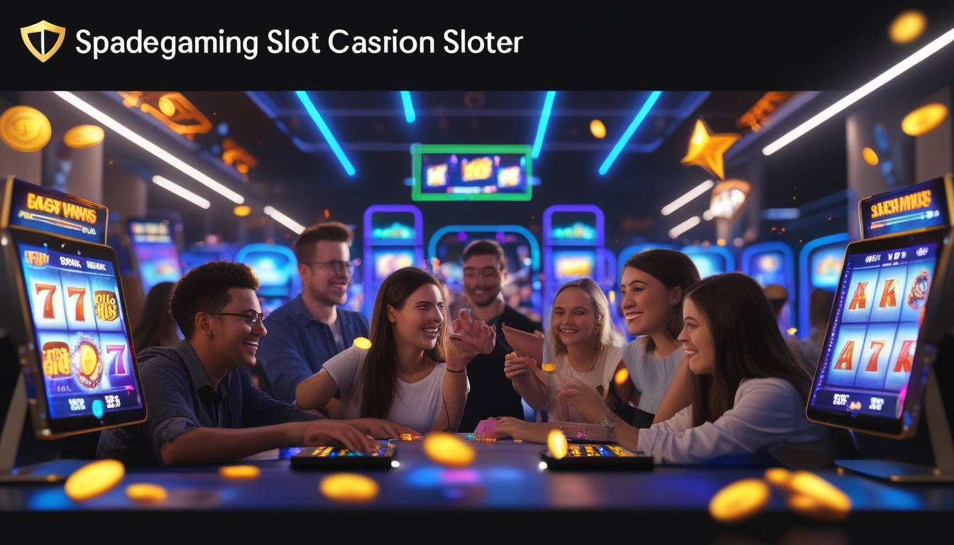Beberapa orang muda bermain mesin slot online dengan ekspresi senang di lingkungan kasino digital yang cerah dan modern.