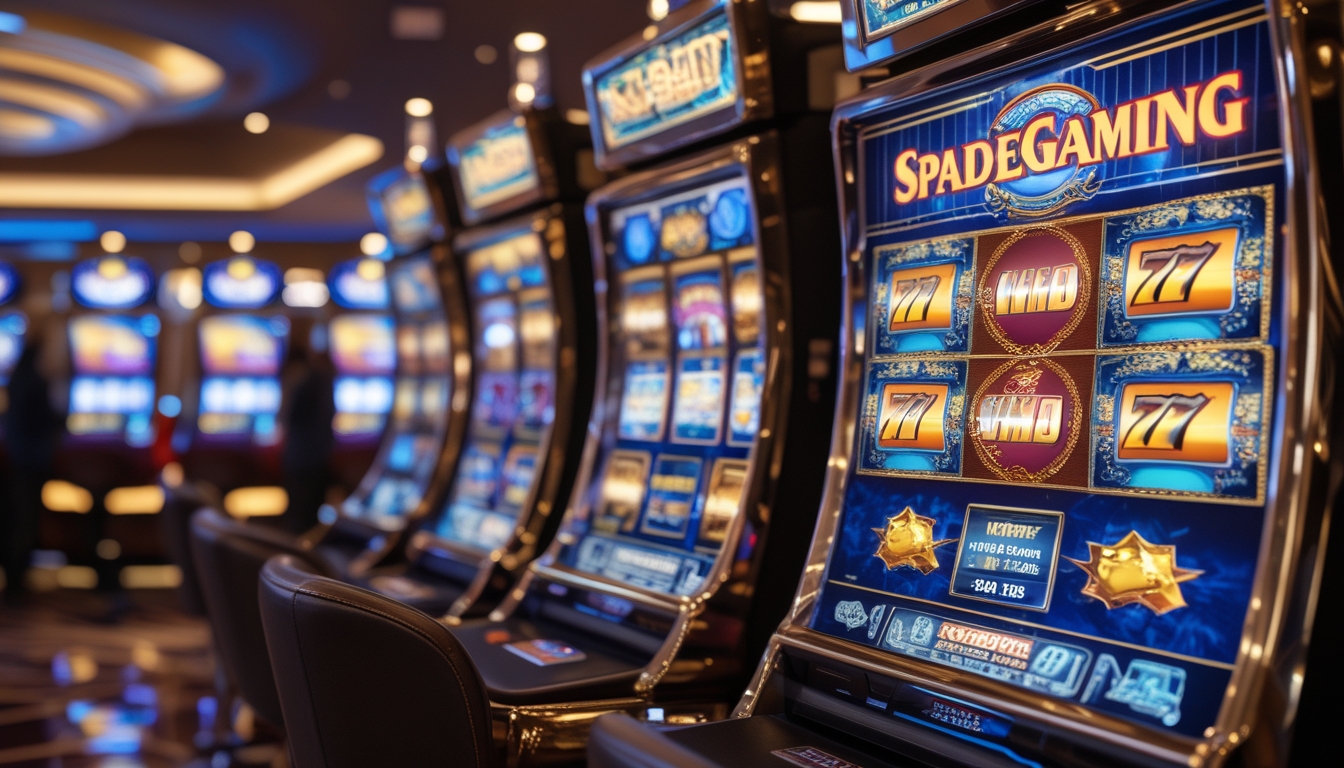 Suasana kasino modern dengan mesin slot Spadegaming yang menampilkan grafis warna-warni dan suasana penuh semangat.