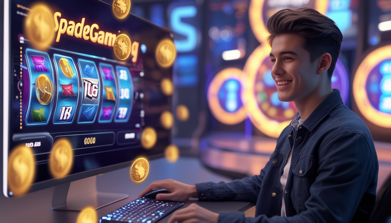 Seorang pemain muda sedang bermain game slot online di depan layar komputer dengan tampilan permainan yang berwarna-warni dan simbol jackpot.